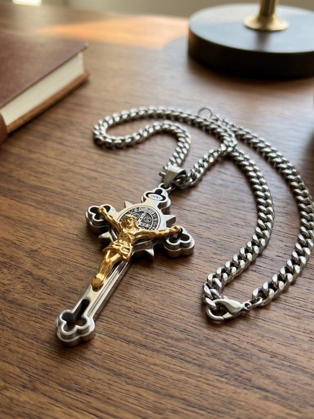 Mens St Benedict Crucifix Necklace Stainless Steel Silver Gold Large Cross Chain